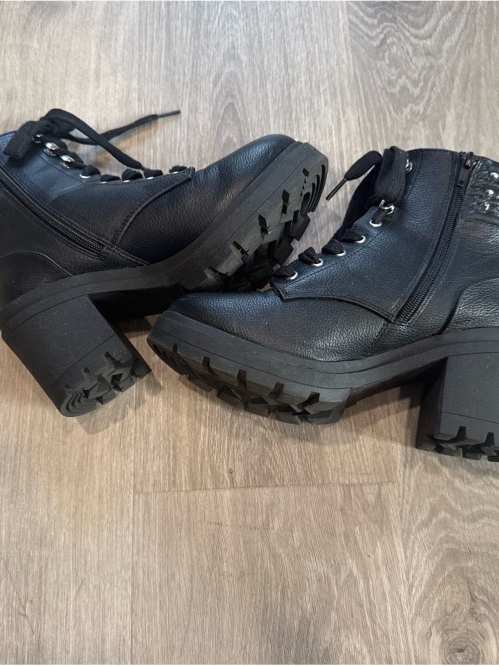 Black Studded Chunky Heel Combat Boots for Women